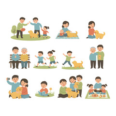 Family moments with dog in park scenes