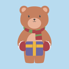 A cartoon bear is holding a present in a light blue background. The bear is brown, wearing a red and green scarf, red mittens, and holding a purple gift box with a yellow ribbon.