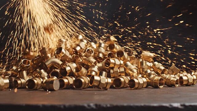 Impact creates sparks where falling brass fittings tumbles spark