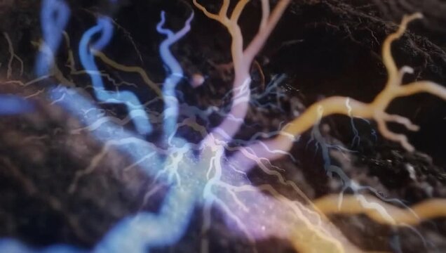 Root System Interacting with Glowing Network Close Up