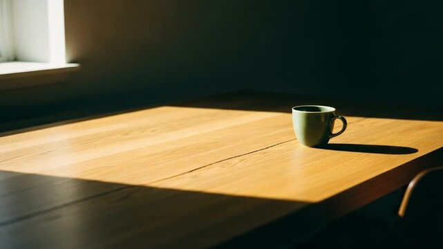 A single green mug on a sunlit wooden table casts a long shadow in a dark, quiet room.