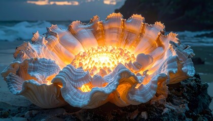 Giant clam with glowing mantle on a tropical beach at dusk.