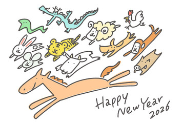 干支の馬と一緒に走るかわいい十二支の動物達　2026　手描き　干支
