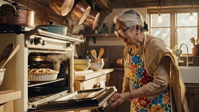 Elderly Woman Baking a Pie in a Rustic Kitchen.