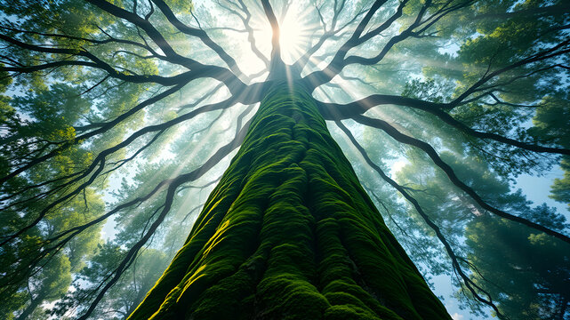 Low Angle View of a Giant Mossy Tree Trunk Looking Up into the Green Forest Canopy
