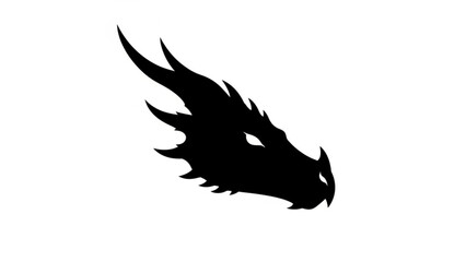 Silhouette of a dragon head with horns and spikes facing right on a white background design element
