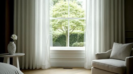 Elegant living room with large window overlooking a lush garden.