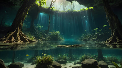 Underground Sunlit Cenote with Clear Blue Water and Lush Tropical Greenery in a Cave