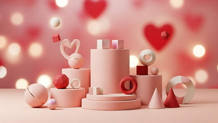 Surreal Podium Display with Pink Shapes, Dreamy Background, 3D Render, Abstract Art, Soft Focus