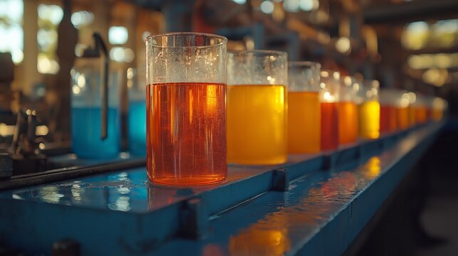 A Symphony of Colors in Beakers: An eye-level shot captures a row of beakers, each filled with a unique liquid in a range of vibrant colors, creating a visually compelling scene. 