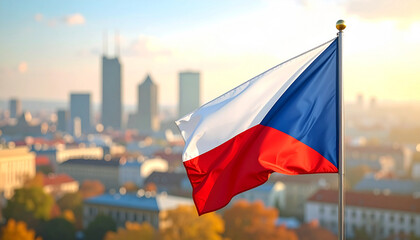 Czech Republic flag proudly waving against a blurred cityscape at sunset, a symbol of patriotism and national pride with warm, inviting colors