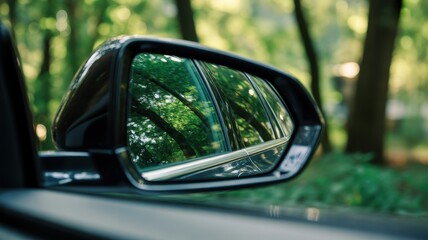 Obraz premium Reflection of lush green trees in a cars side view mirror outdoors