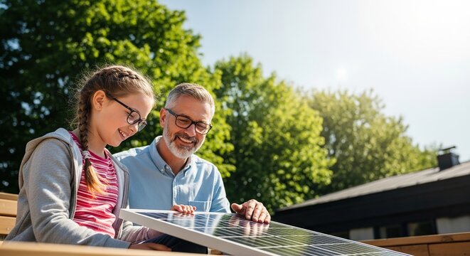 Father and daughter explore solar panel technology together outdoors, fostering curiosity and learning about sustainable energy solutions for the future