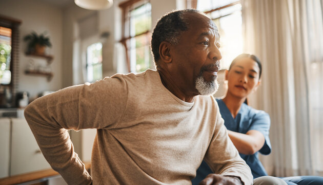Elderly African American man with lower back pain receiving supportive care from a compassionate female nurse during an in-home medical visit