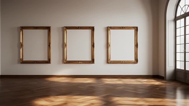 Empty Art Gallery Frames with Sunlight Streaming Through Window.