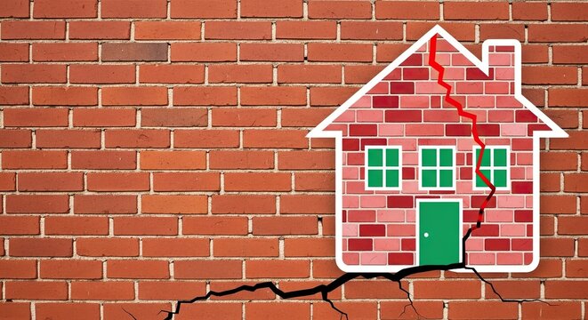 Cracked foundation and damaged home symbolize structural problems, urgent repairs, and the importance of home insurance for financial protection