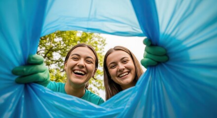 Laughing volunteers holding open recycling bag during community cleanup, showcasing teamwork and environmental responsibility with bright smiles
