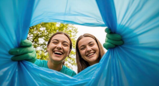 Laughing volunteers holding open recycling bag during community cleanup, showcasing teamwork and environmental responsibility with bright smiles