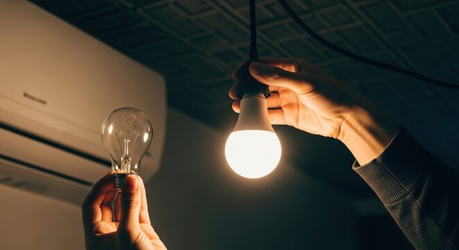 Replacing old lightbulb with modern LED for energy efficiency and brighter home illumination, saving electricity and reducing costs in a sustainable way
