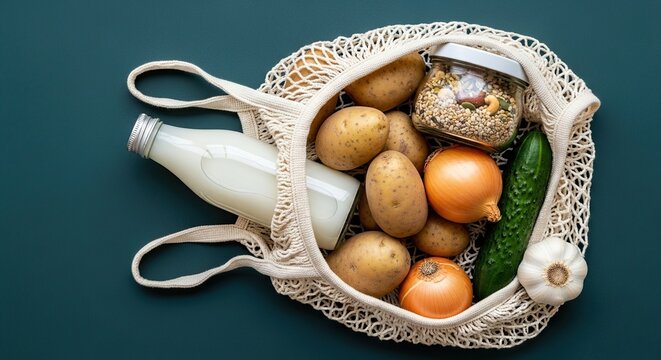 Fresh organic produce in reusable grocery bag for healthy lifestyle, featuring milk, potatoes, onions, cucumber, garlic and grains on a dark green background.