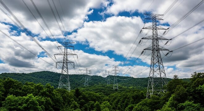 Scenic power lines elegantly crossing lush green hills under a dynamic cloudy sky, ideal for energy, infrastructure, or environmental projects