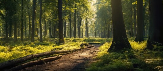 Obraz premium Sunlit Forest Path Bathed in Golden Light with Lush Greenery.