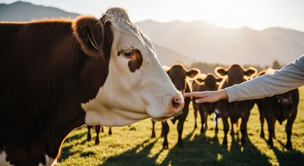 Gentle encounter with farmland cows at sunset, a tender moment in nature showcasing animal welfare and connection to sustainable agriculture practices