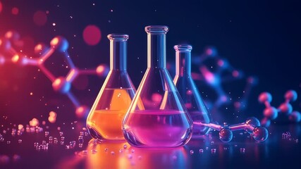 Abstract laboratory glassware with glowing liquids and molecule structures, science innovation - Powered by Adobe