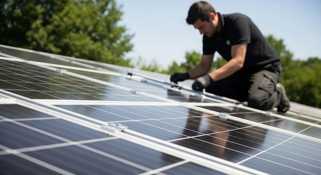 Professional installer working carefully on solar panels for sustainable energy in bright sunlight offering green solutions and eco friendly power generation