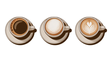 Three coffee cups show espresso latte and cappuccino art