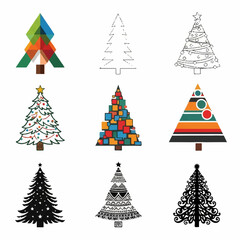 Set of assorted Christmas tree vector icons. A diverse collection of festive holiday tree illustrations for graphic design