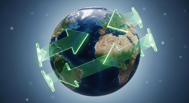 Global economy circulation featuring earth with glowing arrows for sustainable growth and worldwide distribution, representing future business trends