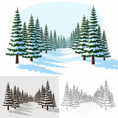 A serene winter landscape illustration showing a path through a dense forest of snow-covered evergreen fir trees