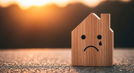 Sad wooden house figurine with tear and golden background, symbolizing financial crisis, housing bubble, or foreclosure, evokes emotion and empathy