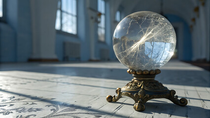 Crystal ball on ornate stand resting on sunlit patterned floor