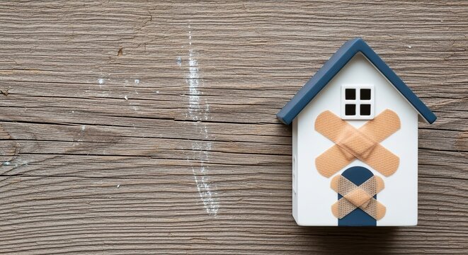 Affordable home repair concept with toy house and bandages, showcasing property investment and financial security for families and first time buyers