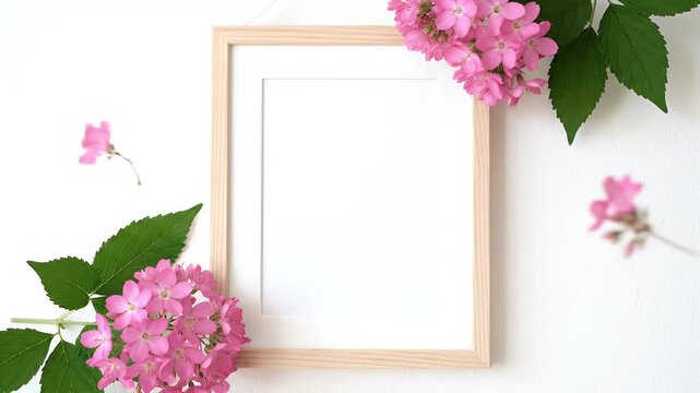 Empty Wooden Frame Surrounded by Beautiful Pink Hydrangea Flowers and Green Leaves.
