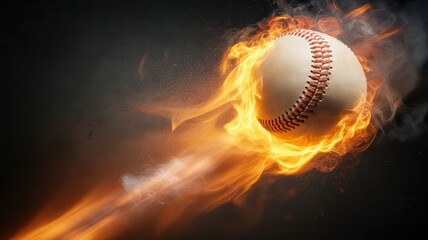 A baseball on fire flying through the air with a dark background