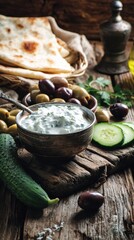 Tzatziki Dip with Olives and Pita Bread