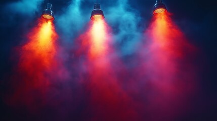 Fototapeta premium Illuminated Stage: Three bright stage lights pierce the smoky darkness, casting vivid red, orange, and blue hues and creating a mesmerizing display of colors.