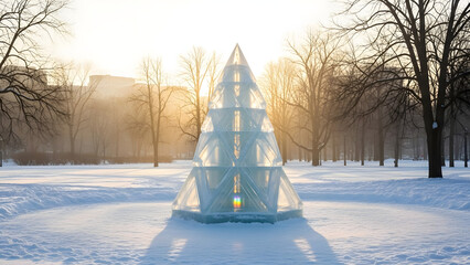 Magical winter wonderland with a shimmering ice sculpture reflecting sunlight in a snow-covered park, creating a festive and enchanting atmosphere