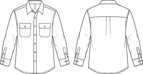 Men's Long Sleeve Utility Casual Shirt Technical Fashion Flat Sketch Template, Featuring Double Flap Chest Pockets, Button-Down Collar, and Buttoned Cuffs Detail, Front and Back View Outline Drawing.