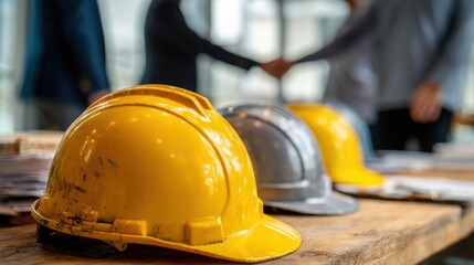 Collaboration and Project Kickoff With Construction Helmets on Table and Professionals Shaking Hands in Background