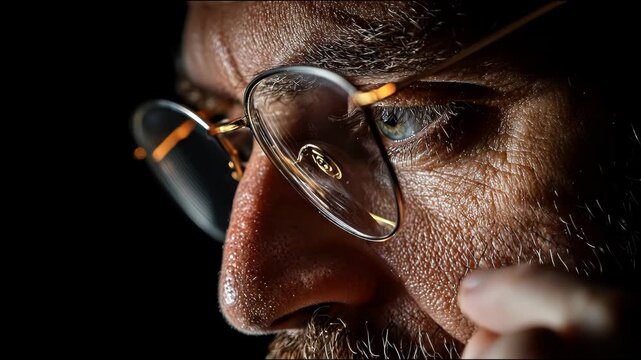 A close-up portrait shows a man adjusting his spectacles against a black background. The focus is on his eye, detailed with skin texture