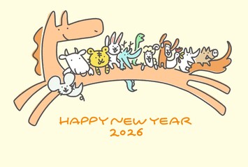 走る馬に乗るかわいい十二支の動物達のポップな年賀状　2026　手描き　干支