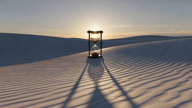 Hourglass stands still in vast desert as the sun rises, symbolizing time management, deadlines, and the fleeting nature of life with hope and reflection - Powered by Adobe