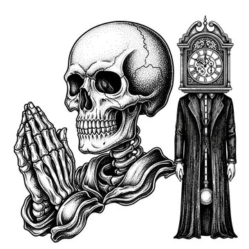Skull praying hands and clock surreal theme vector art