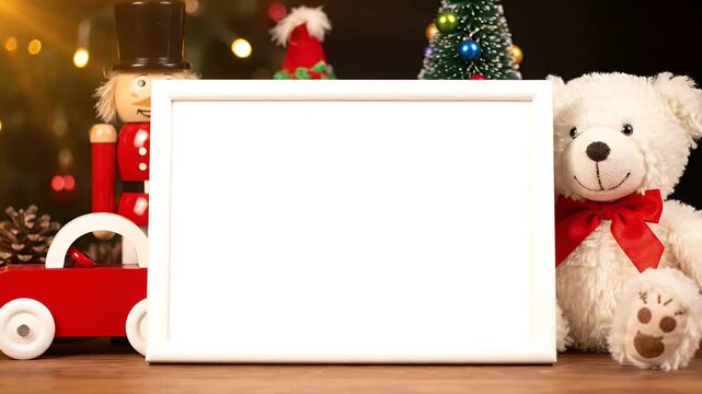 Festive Christmas Scene with Toys and Blank Frame for Text.