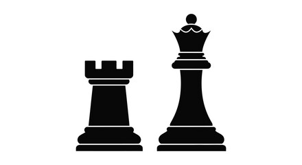 Black chess queen and rook game pieces on white background