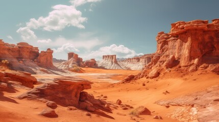 Fototapeta premium Vast Desert Landscape with Towering Rock Formations Under a Cloudy Sky.